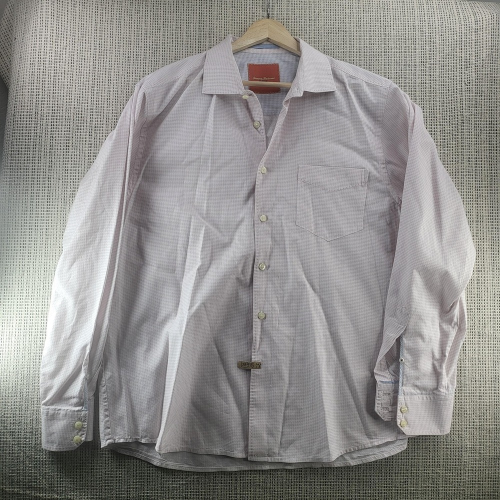 Tommy Bahama Shirt Mens Large Pink Check Long Sleeve Button Front Cotton Casual